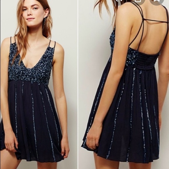 Free People Dresses & Skirts - Free People Navy Sequin Slip Mini Dress